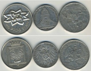 1 песо 1910 Мексика, 3 марки 1913 Герм., жетон 200 лет Вардё