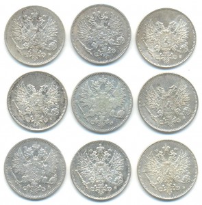 Русская Финляндия 25 пенни 1897-1917 9 шт.