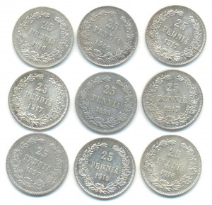 Русская Финляндия 25 пенни 1897-1917 9 шт.