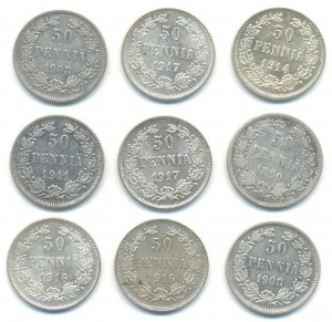 Русская Финляндия 50 пенни 1890-1917 9 шт.