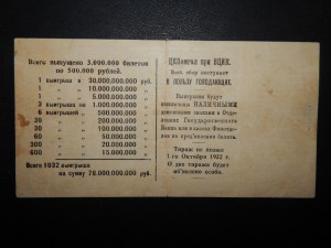 Выйгрышный билет на 500 т.р. 1922 г.  ЦК Помгол при ВЦИК