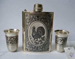 Северная чернь, набор фляжка+2 стопки, 925 пр.