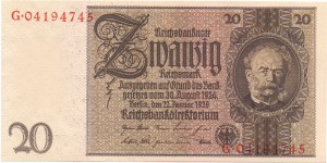 Германия 20 рейхсмарок 1929 в/з узор (Ro. 174) UNC