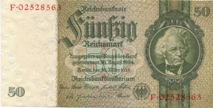 Германия 50 рейхсмарок 1933 в/з дуб. листья (Ro. 175) UNC