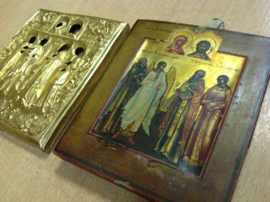 Икона Палех миниатюра в золоченом окладе