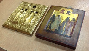 Икона Палех миниатюра в золоченом окладе