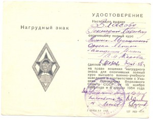 ВМА им.Кирова (удостоверение к знаку + диплом)