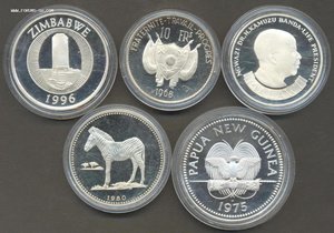 Крупная иностранная экзотика в серебре, 5 монет.