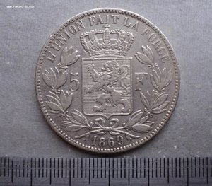 5 франков 1869 г. Серебро. Бельгия.