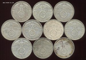2 марки со свастикой 1937-39 гг. 10 шт.