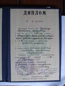 Диплом об окончании академии Военной орденов Ленина  и Октя