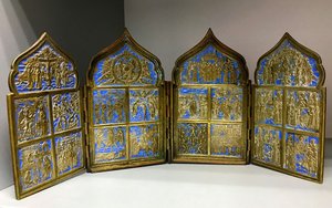 Складень ПРАЗДНИКИ. Голубая эмаль. Красивая патина.