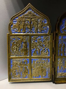 Складень ПРАЗДНИКИ. Голубая эмаль. Красивая патина.