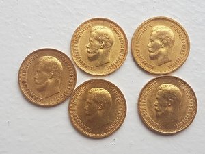 Золотые монеты 10 рублей 1899 года 5 штук.