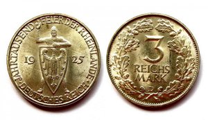 Германия. 3 марки Рыцарь. 1925 D. Веймар. Серебро. UNC.