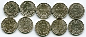 Финляндия в составе РИ. 50 пенни 1890, 1915, 1916