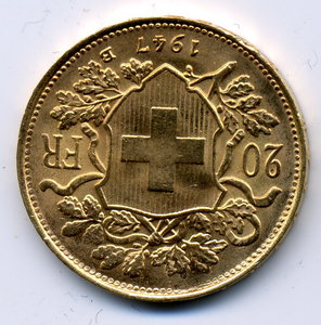 20 франков Швейцария 1947 6,45 гр.