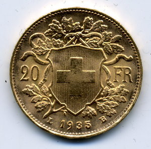 20 франков Швейцария 1935 6,45 гр.