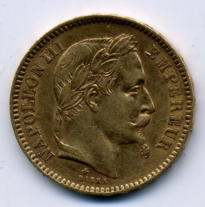 20 франков 1864 г. 6,45 гр.