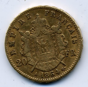 20 франков 1864 г. 6,45 гр.