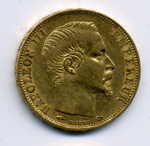 20 франков 1859 г. 6,45 гр.