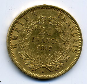 20 франков 1859 г. 6,45 гр.