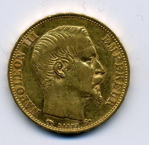 20 франков 1859 г. 6,45 гр.
