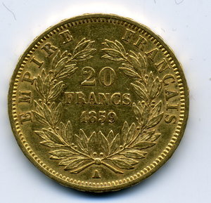 20 франков 1859 г. 6,45 гр.