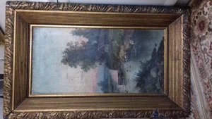 Антикварная картина «Деревенский пейзаж», масло, холст, 19 в