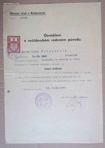 Протекторат. 1940г. Свидетельство о нееврейском происхождени