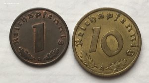 Германия, Третий рейх, 1 и 10 пфеннигов 1936А