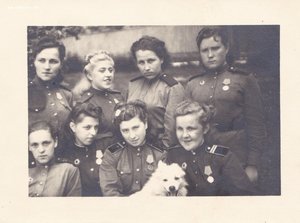 Группа девушек-военнослужащих. Медали. Знаки.