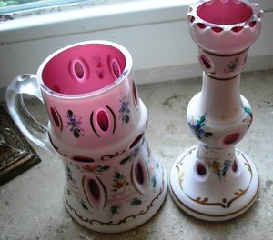 Подсвечник и пивная кружка  двойное стекло, Богемия.