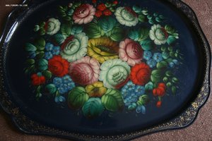 Поднос жостово автор Майорова роспись СССР темно синий