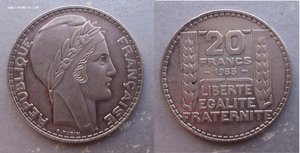 20 франков 1933, 1938 гг. Франция, серебро.