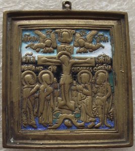 меднолитая икона,Распятие Христово,5 эмалей