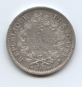 5 Франков 1876 год Франция