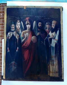 Старинная икона "Архангел Михаил и избранные святые". 19 век