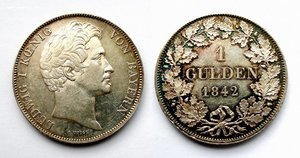 1гульден 1842г. БАВАРИЯ. Людвиг I. Штемпельглянц, UNC.