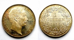 1гульден 1856г. БАВАРИЯ. Максимилиан II. Штемпельглянц, UNC.