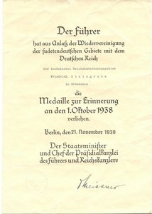 Наградной документ к медали за Судеты (1 октября 1938 года).