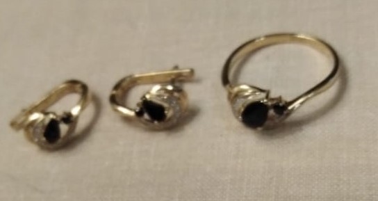 Кольцо+серьги. Бриллианты, сапфир