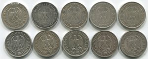5 марок 1934-36 гг  10 монет.