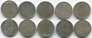 5 марок 1934-36 гг  10 монет.