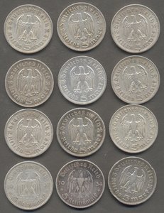 Германия 5 марок 1934-36 гг. 12 шт.