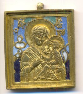 Меднолитая икона Тихвинская Пресвятая Богородица. Эмаль