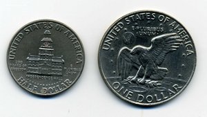 Доллар 1974 и 1/2 1976 никель