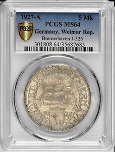5 марок 1927г. Веймар "Бременская гавань" (UNC)