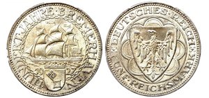 5 марок 1927г. Веймар "Бременская гавань" (UNC)