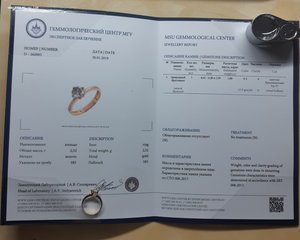 Кольцо с бриллиантом 1,0 ct, экспертиза мгу